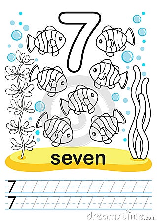 Coloring printable worksheet for kindergarten and preschool. We train to write numbers. Math exercises. Bright figures on a marine Vector Illustration