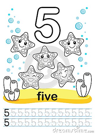 Coloring printable worksheet for kindergarten and preschool. We train to write numbers. Math exercises. Bright figures on a marine Vector Illustration