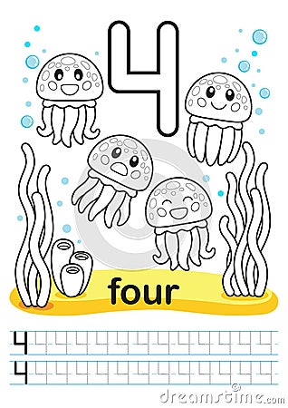 Coloring printable worksheet for kindergarten and preschool. We train to write numbers. Math exercises. Bright figures on a marine Vector Illustration