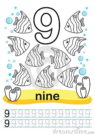 Coloring printable worksheet for kindergarten and preschool. We train to write numbers. Math exercises. Bright figures on a marine Vector Illustration