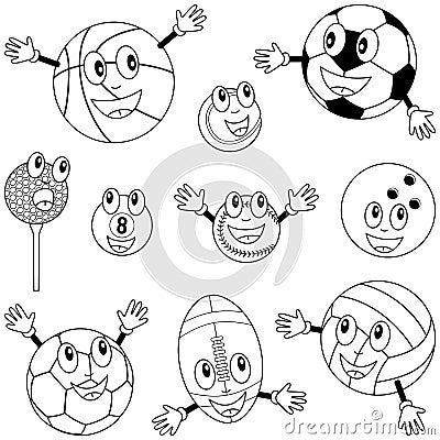 Coloring Sport Balls Characters Vector Illustration