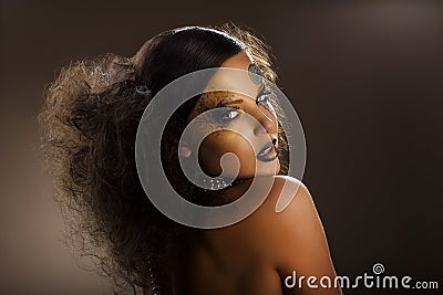 Coloring. Stylized Woman's Face with Golden Make-up. Creative Modern Body Art Stock Photo