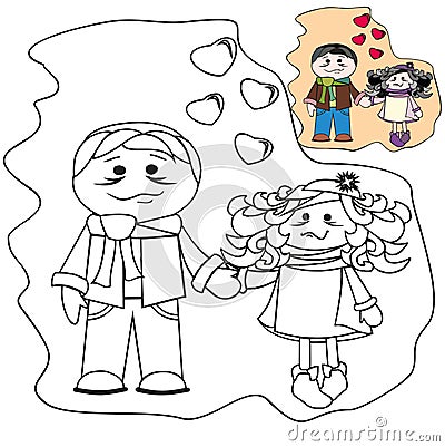 Coloring with templates - Pair on love. Brunette. Vector Illustration