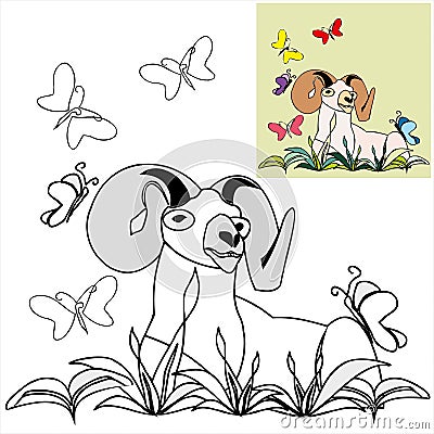 Coloring with templates - Ram with butterflyes Vector Illustration