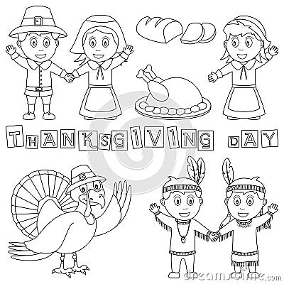 Coloring Thanksgiving Elements Vector Illustration