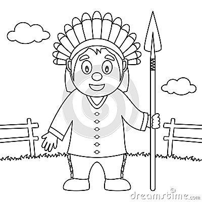 Coloring Thanksgiving Native Man Spear Vector Illustration