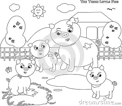 Coloring three little pigs 1 Vector Illustration