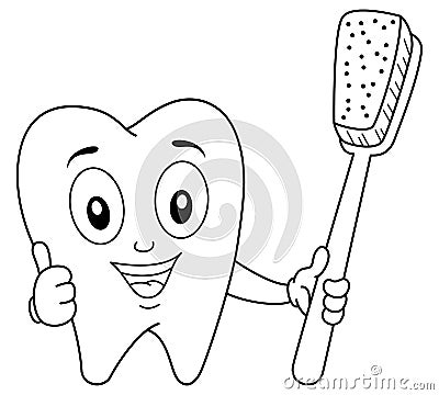 Coloring Tooth Character with Toothbrush Vector Illustration