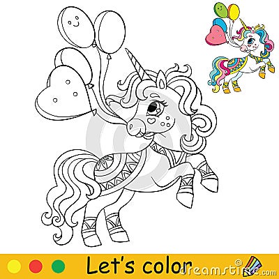 Coloring vector cute party unicorn with balloons Vector Illustration