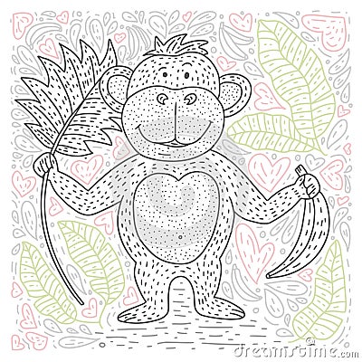 Coloring vector page with cartoon doodle animal. Outline playful card with a monkey. Vector Illustration