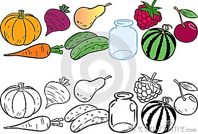 Coloring with vegetables and fruits Vector Illustration