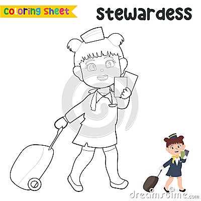 Easy coloring worksheet for children. Kidâ€™s dream job. Coloring a cute stewardess holding passport and suitcase ready to flight. Vector Illustration