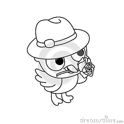 Coloring Yellow Bird Wearing a Hat And Carrying Flowers in its Beak Cartoon, Cute Funny Character, Flat Design Stock Photo