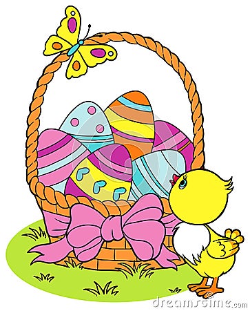 Coloring Yellow Easter chick and eggs background Vector Illustration