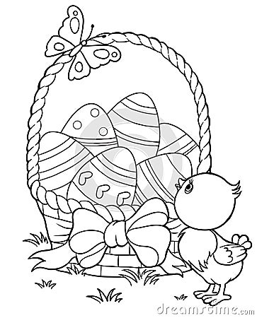 Coloring Yellow Easter chick and eggs background Vector Illustration