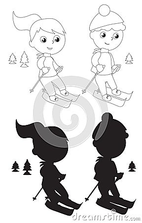 Coloring young skiers silhouettes vector Vector Illustration