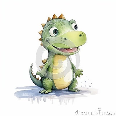 Colorized Cartoon Illustration Of A Cute Green Dinosaur Cartoon Illustration