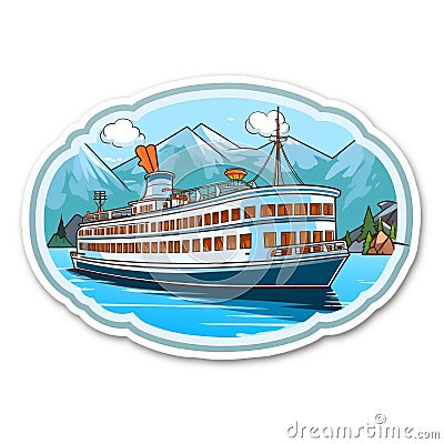 Colorized Cartoon Steamboat Sticker with Mountain Background Cartoon Illustration