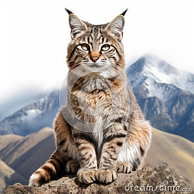 Colorized Dadaist Photomontage: Lynx Cat On Rock In Mountain Landscape Stock Photo