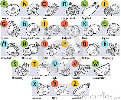 Colorless alphabet for children: fruits and vegetables Vector Illustration