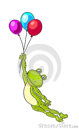 Colorless background with a green flying frog with three colored Cartoon Illustration