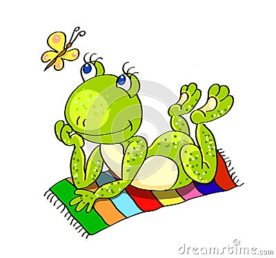 Colorless background with a green frog lies on the colored beach Vector Illustration