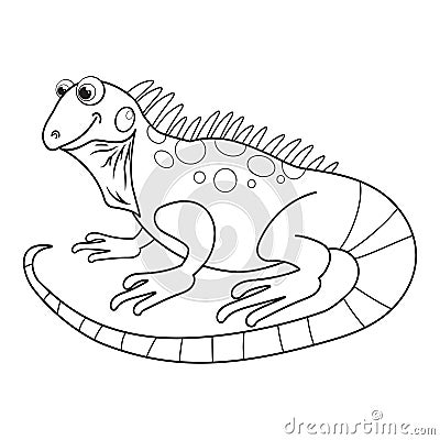 Colorless cartoon Iguana. Coloring pages. Template page for coloring book of funny lizard or salamander for kids. Practice Vector Illustration