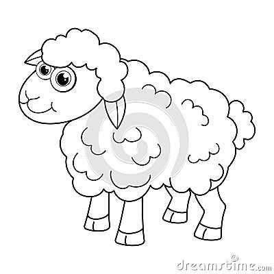 Colorless cartoon Lamb smiles. Coloring pages. Template page for coloring book of funny Sheep or ewe for kids. Practice worksheet Vector Illustration