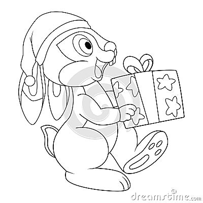Colorless cartoon Rabbit in santa hat carry present box for celebration party. Black and white template page for coloring book Vector Illustration