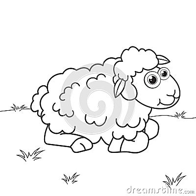 Colorless cartoon Sheep on lawn. Coloring pages. Template page for coloring book of funny Lamb or ewe for kids. Practice worksheet Vector Illustration