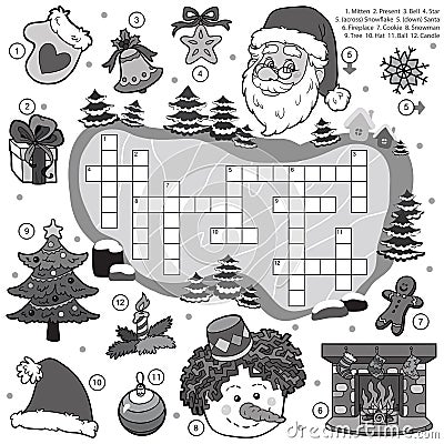 Colorless crossword, education game for children about Christmas Vector Illustration