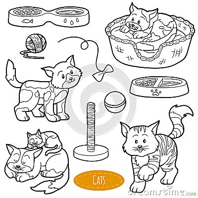 Colorless set of cute domestic animals and objects, vector cats Vector Illustration