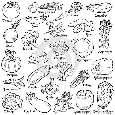 Colorless set with vegetables, vector cartoon stickers Vector Illustration