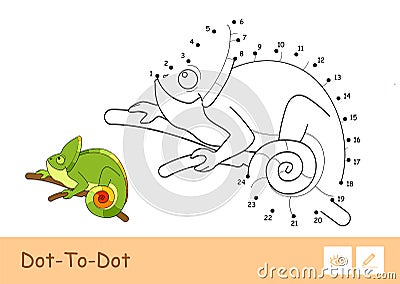 Colorless vector contour dot-to-dot image of a chameleon sitting on the branch isolated on white background. Vector Illustration