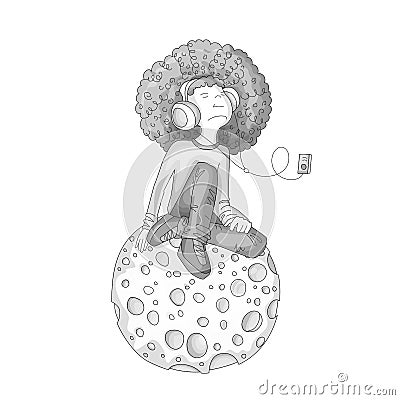 Colorless Vector Illustration of Young redhead Girl with Headphones, sitting on cartoon moon and listening music Vector Illustration