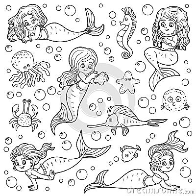 Colorless vector set of little girls mermaids and fish Vector Illustration
