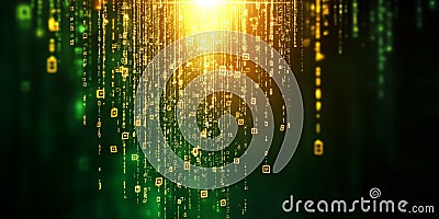 Colors blend and shimmer as luminous symbols cascade in a digital matrix, creating an enchanting visual experience Stock Photo
