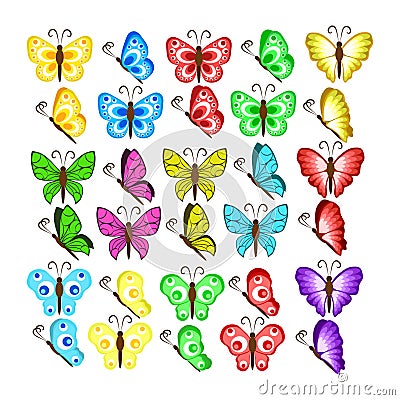 Colors butterflies isolated on white background. Pretty vector b Vector Illustration