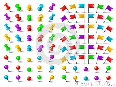 Colors pushpin, pinned flag, and thumbtack. Push pins for pushing on map board isolated vector set Vector Illustration