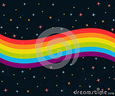 6 colors rainbow wave on dark night sky with stars. Gay pride flag Vector Illustration