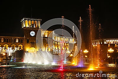 The colors of the Republic square when the fountain is on. Editorial Stock Photo