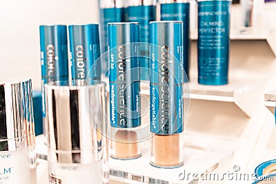 Colorscience Sunforgettable mineral SPF makeup on retail display. Testers for color matching skin Editorial Stock Photo