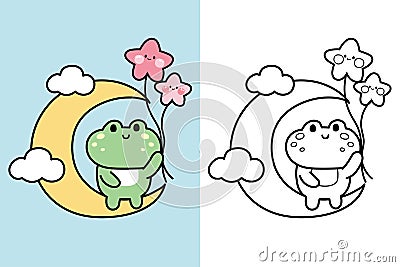 Colorting book.Painting book for kid.Cute frog sit on moon hold star shape balloon Vector Illustration