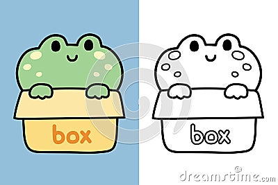 Colorting book.Panting book for kid.Cute frog stay in box cartoon.Reptile Vector Illustration