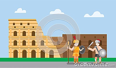 Coloseum rome, italy with gladiator in flat illustration vector background Vector Illustration