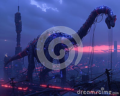 A colossal Brachiosaurus entangled in the cables of a crypto data center, city skyline in turmoil at dusk Stock Photo