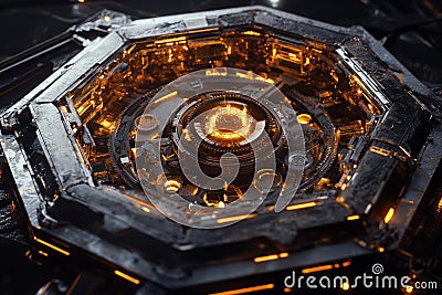 A colossal hexagonal clockwork mechanism, where glowing gears and rotating circuits power an Stock Photo