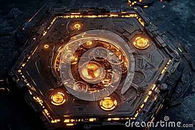 A colossal hexagonal clockwork mechanism, where glowing gears and rotating circuits power an Stock Photo