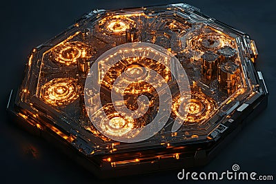 A colossal hexagonal clockwork mechanism, where glowing gears and rotating circuits power an Stock Photo
