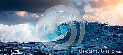 Colossal ocean wave at sunset, dramatic side view of giant swell, power and beauty of nature. Stock Photo